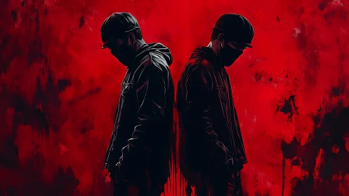 Masked figures stand back to back in red abstract void