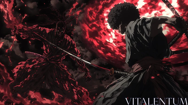 Dynamic anime duel under blood-red celestial vortex.