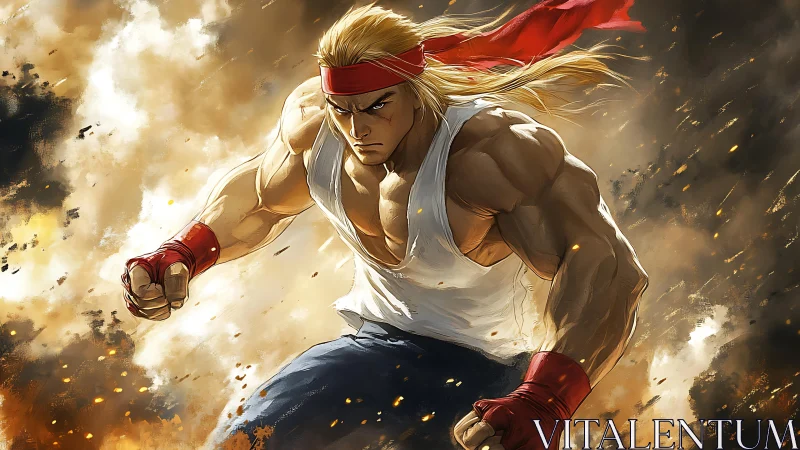 Dynamic muscular brawler amid explosive particulate field.