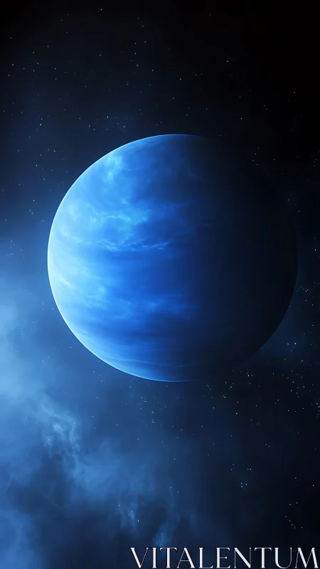 Deep blue planet drifts quietly through a gentle starfield