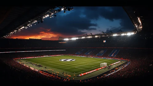 Sunset stadium buzz before a glittering European kickoff.