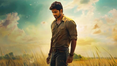 Sunlit wanderer drifts through golden fields of quiet doubt