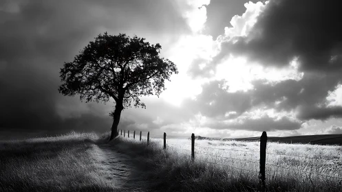 Lone Tree Beside Country Fence in Dramatic Black and White Landscape.