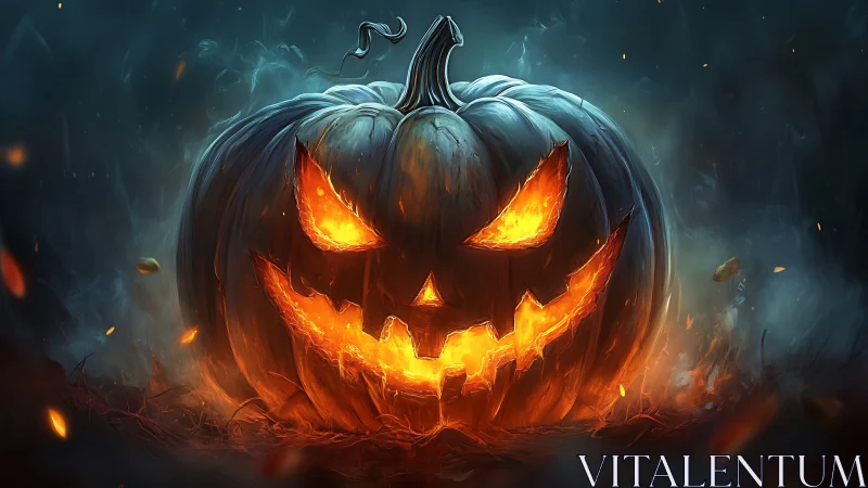 Fiery jack o’lantern grinning brightly on a misty night.