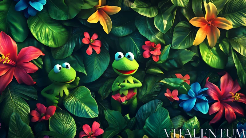 Green frog characters amid neon tropical jungle foliage.