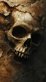 Weathered human skull emerging from cracked stone wall.