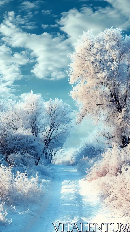 Snow-laden forest path recedes under high-contrast winter sky