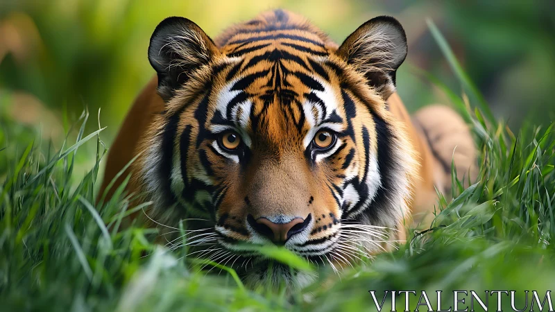 Tiger’s intense golden gaze cuts through lush jungle grass