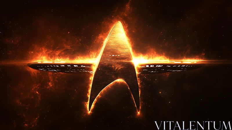 Glowing delta emblem with starship silhouette in deep space.