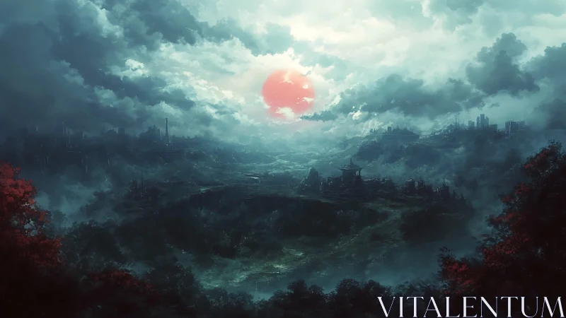 Red sun hangs over misty valley city under dense clouds
