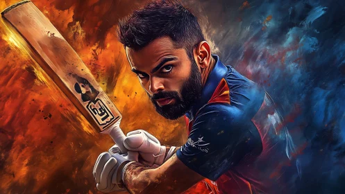 Focused cricket batter poised to strike in vivid colors.