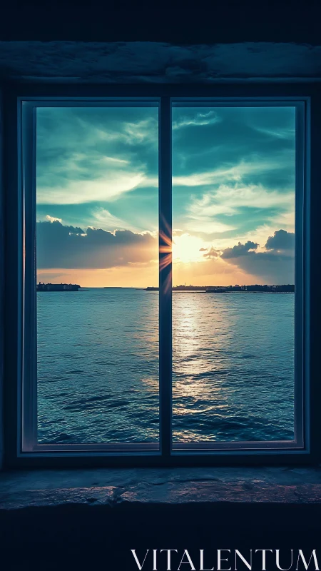 Calm ocean sunset glows beyond a quiet interior window frame
