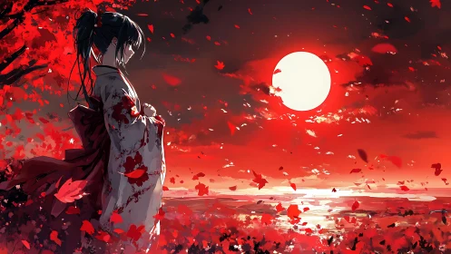 Samurai girl stands under crimson moon amid falling leaves.