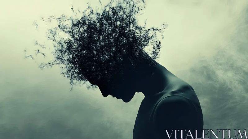 Silhouette portrait with dissolving head in moody smoke storm.