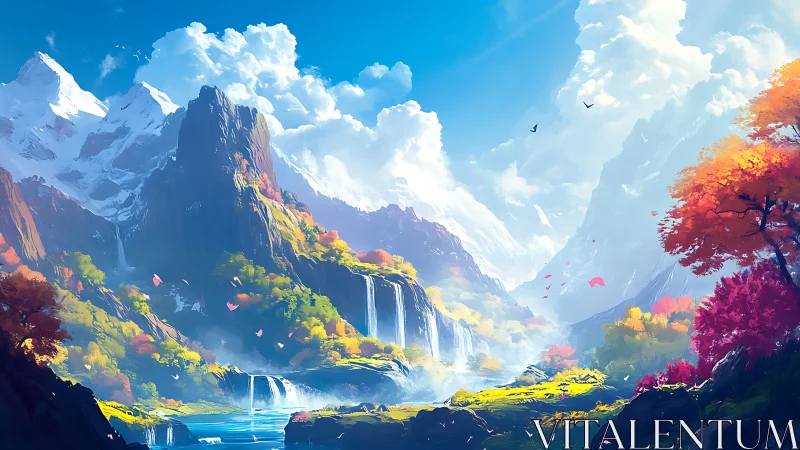 Waterfalls sew bright ribbons through a dreamlit mountain valley