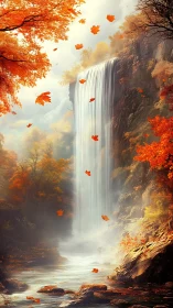 Autumn waterfall in forested canyon with falling foliage.