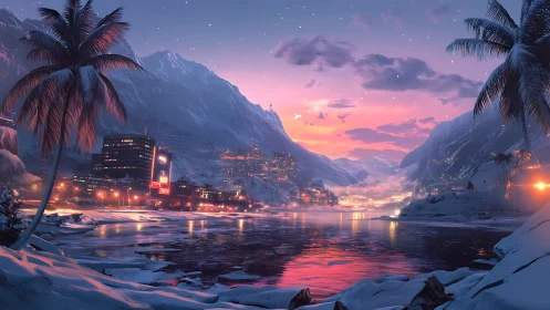 Snowbound tropical bay under neon twilight skies.