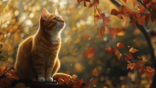Orange tabby cat sitting among autumn foliage and falling leaves