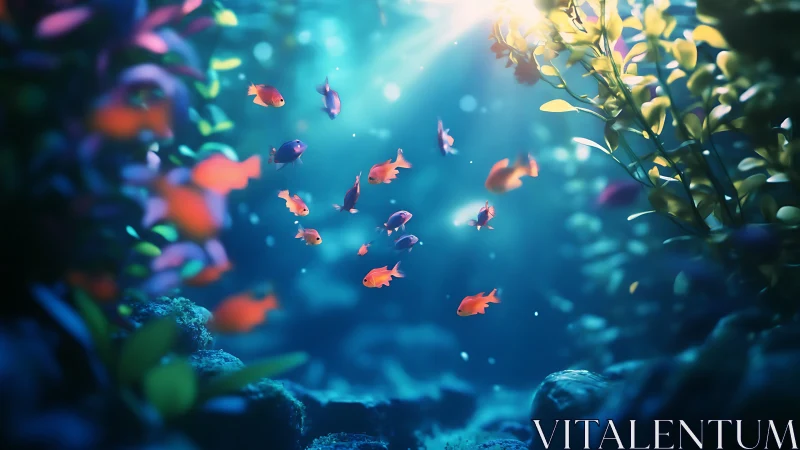 Small tropical fish in sunlit underwater reef environment.