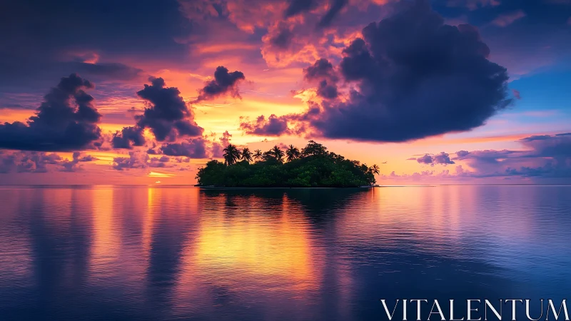 Serene Tropical Island Bathed in Golden Sunset Glow