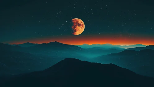 Gentle moonrise glowing above dreamy teal mountain waves.
