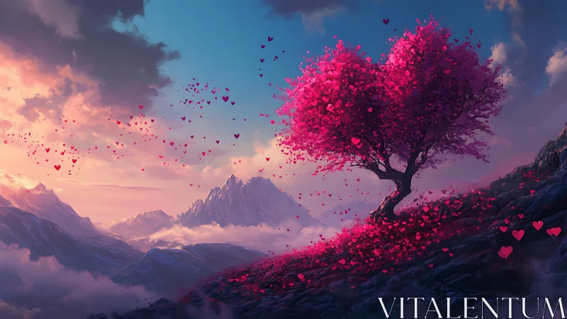 Magenta Heart-Shaped Tree in Mountainous Landscape.