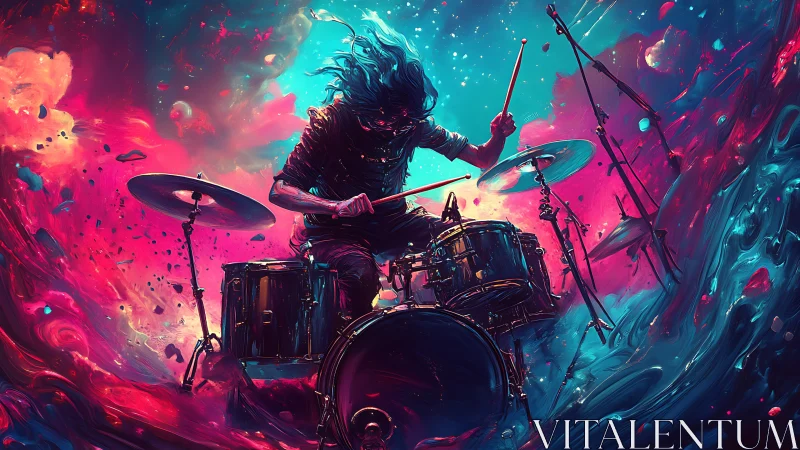 Starlit drummer detonates color storms across the void