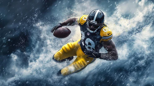 American football player runs with ball through storm water