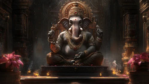 Intricate digital Ganesha shrine with cinematic volumetric lighting.