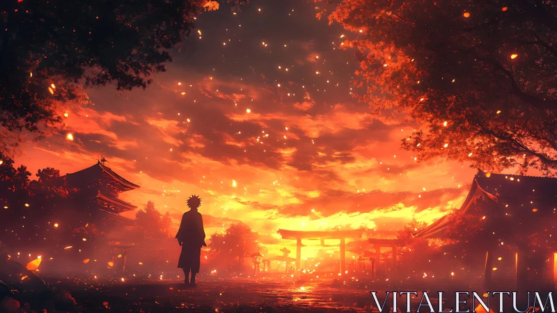 Ember-bright pilgrim strolls through a shrine of burning sky