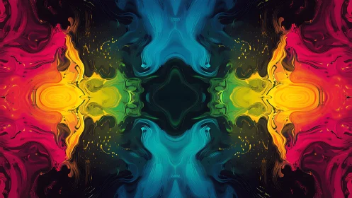 Symmetrical neon fluid waves converge across dark field