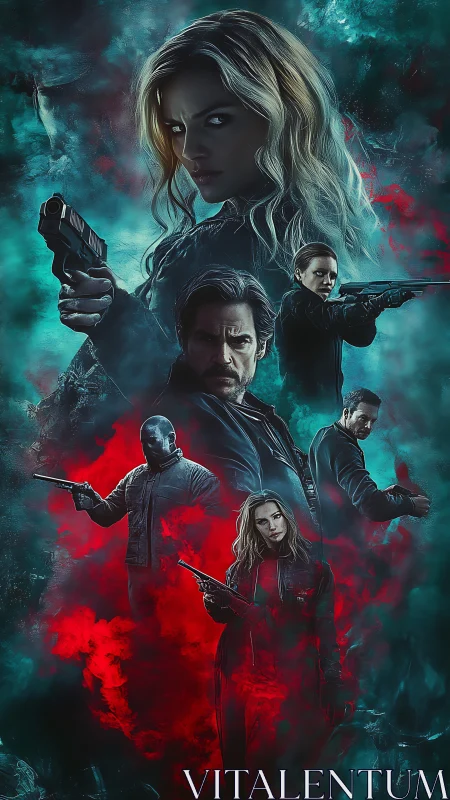 Armed vigilante group in moody teal and red smoke poster.