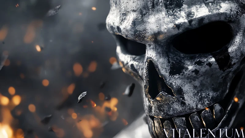 Burnished metallic skull rendered amid ember-filled shallow depth