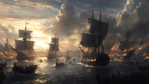Tall warships advance through burning harbor at stormlit dusk