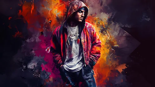 Urban figure in red hoodie framed by abstract chromatic flares