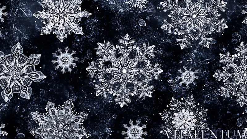 Intricate crystal snowflakes shimmer against deep night sky.