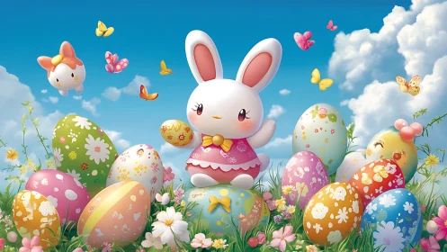 Cute cartoon bunny surrounded by decorated Easter eggs.