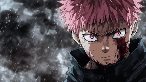Bloodied pink‑haired fighter under storm rain glare.
