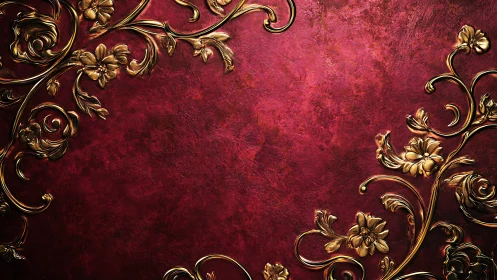 Ornate golden floral scrollwork frames deep crimson backdrop.
