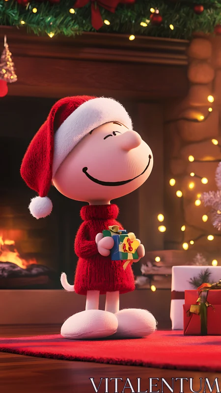Smiling cartoon boy in Santa hat holding gift by fireplace.
