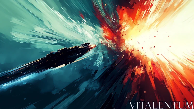 Starship slices through a painted supernova of color