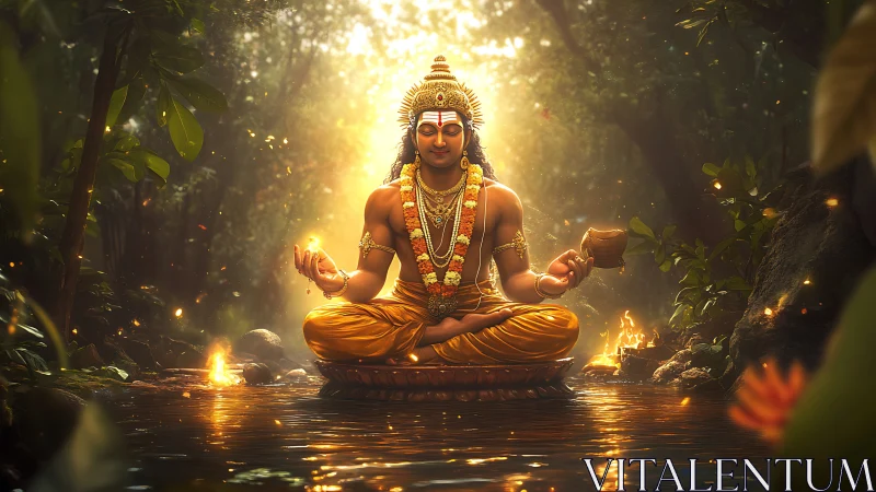 Divine forest deity meditating over glowing river light.