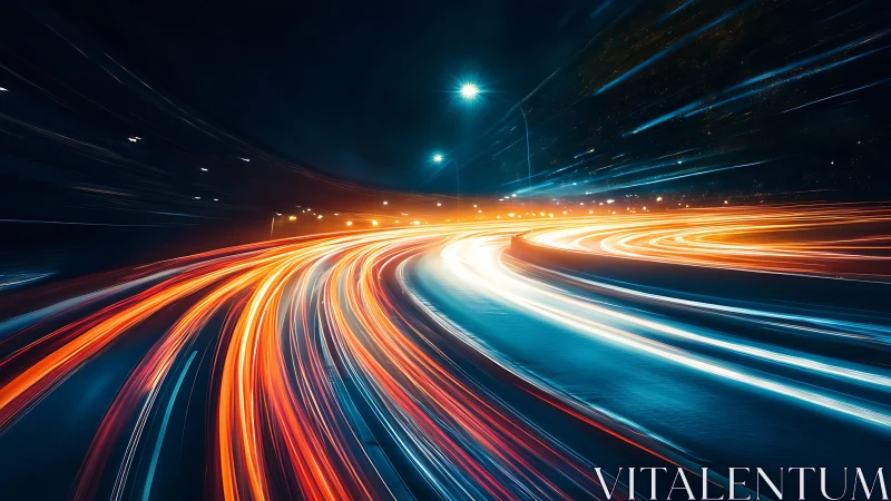 Neon light trails sweep through a futuristic midnight highway