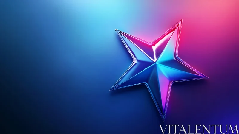 Chromed five-point star under neon magenta and cyan lighting