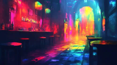Neon lit bar interior with glowing alleyway view.