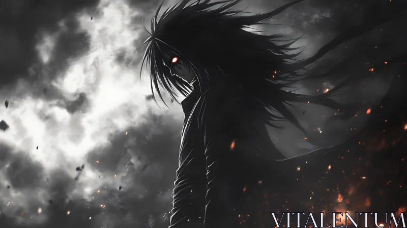 Dark anime figure with glowing red eyes in smoky sky.