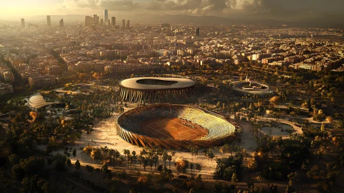 Sunlit urban stadium complex within dense city gridscape.
