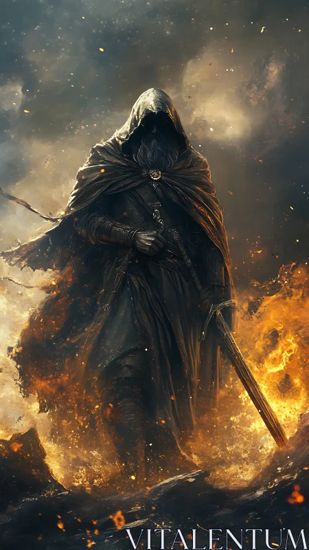 Hooded warrior strides through swirling fire and ash