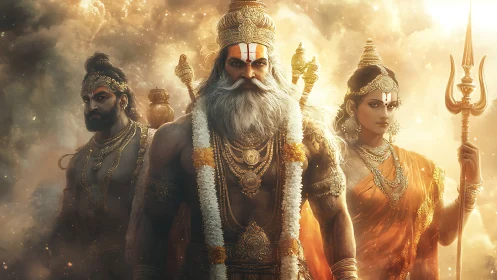 Storm-lit celestial guardians stride through molten dawn.