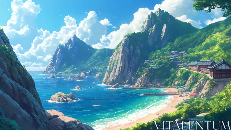Sunlit coastal village nestles below towering jade peaks.